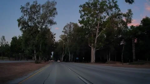 Tree-lined highway below a green hillside at dusk, LA Video stock 344010940