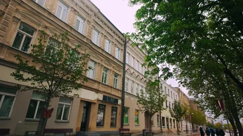 Tree-lined historic Riga Iela street with benches after spring rain Stock Footage 308987369