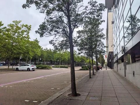 A tree-lined Midsummer Boulevard and modern glass office building in the Stock Photos