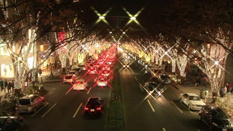 The Tree-Lined Omotesando Illuminated by Christmas Lights and the Congested Road Stock Footage 324933595