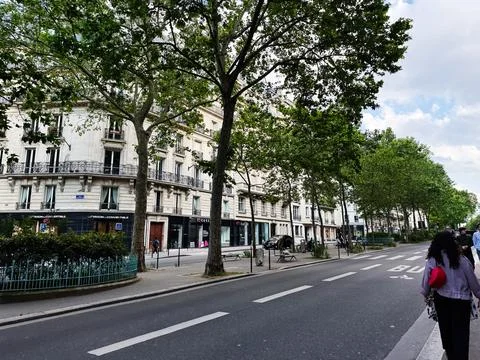 Tree lined Paris street with classic Haussmann architecture, pedestrians an.. Stock Photos