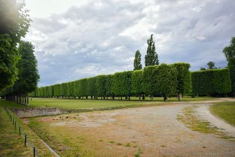 Tree lined park path with cloudy sky in France Stock Photos
