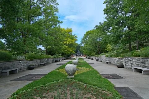 Tree lined path leading to the rose garden at the Royal Botanical Gardens Stock Photos
