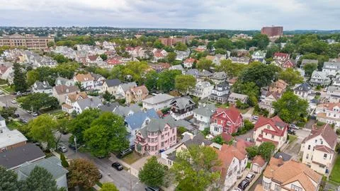 Tree-Lined Residential Blocks from an Elevated Oblique View Stock Photos