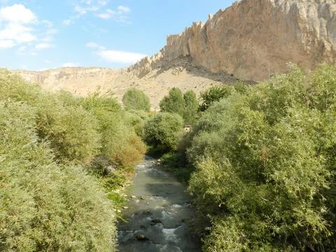 A tree-lined river runs through a canyon in Areni, Armenia 写真素材