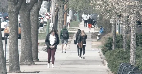 Tree Lined Sidewalk - College Students Stock Footage 76393136
