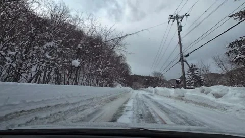 Tree lined snowy road driving corridor winter Japan no passing 스톡 동영상 333204943