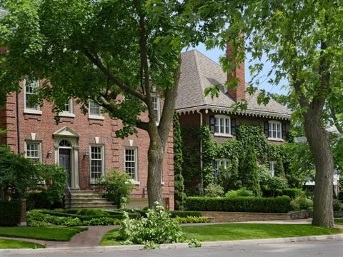 Tree lined street with large brick houses Stock Photos