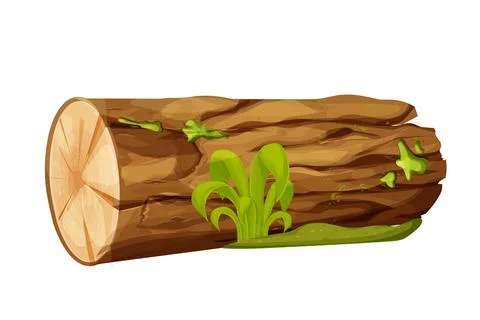 Tree log, wood, forest trunk with moss and grass in cartoon style isolated on Stock Illustration