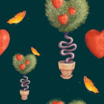 Tree of lovers in a pot, red heart, yellow butterfly. Seamless pattern isolated Stock Illustration
