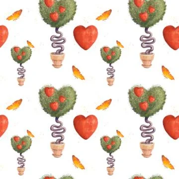Tree of lovers in a pot, red heart, yellow butterfly. Seamless pattern isolated Stock Illustration
