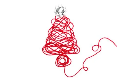 A tree made of red thread and ribbon on white background Stock-Fotos