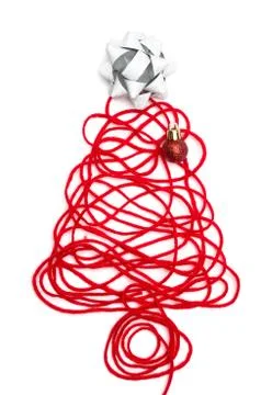 A tree made of red thread and ribbon, ball on white background Stock Photos