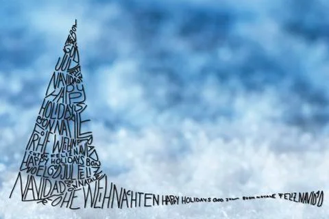 Tree With Merry Christmas In Various Languages, Blue Snow Background Stock Illustration