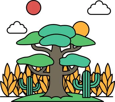 A tree is in the middle of a field with a cloudy sky in the background Stock Illustration