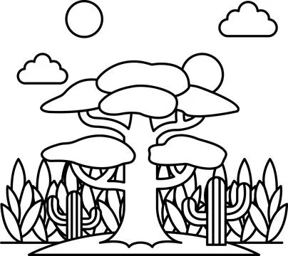 A tree is in the middle of a field with a cloudy sky in the background Stock Illustration