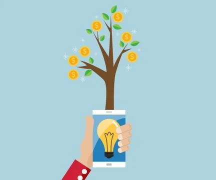 Tree of money from bulb idea in mobile, online marketing  vector illustration Stock Illustration