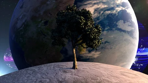 Tree on the moon in front of the Earth planet against the backdrop of celestial 動画素材 129796389