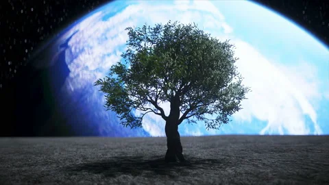 Tree on the moon in outer space. 3d rendering. Stockbeeldmateriaal 132645298