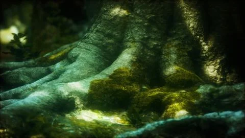 Tree with moss on roots in a green forest 스톡 일러스트