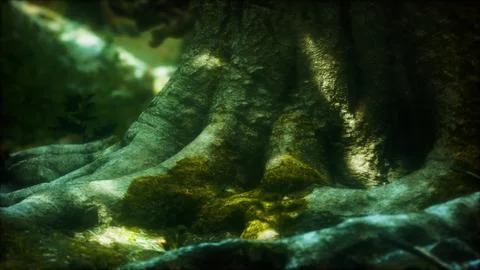 Tree with moss on roots in a green forest Illustrazione stock