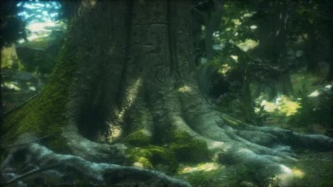 Tree with moss on roots in a green forest Illustrazione stock