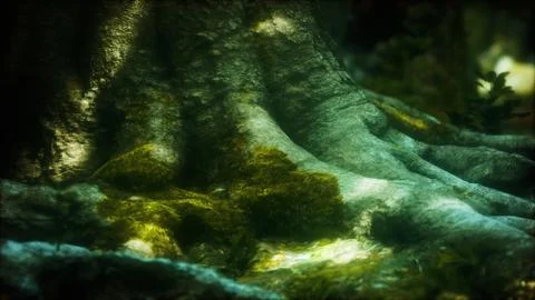 Tree with moss on roots in a green forest Illustrazione stock