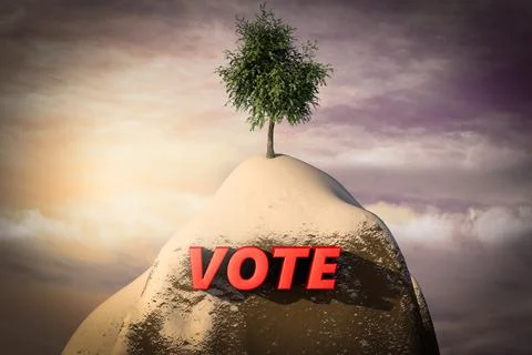 A tree on the mountain with voting letters in front demonstrating Environment Stock Illustration