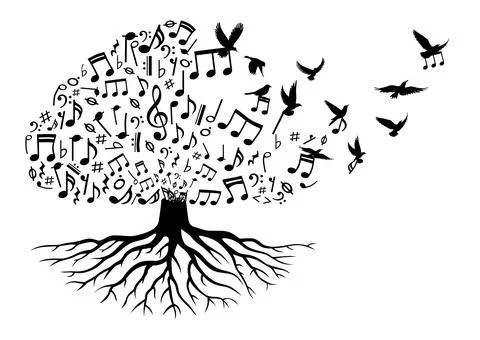 Tree with music note, music tree with flying musical notes, music note with bird Illustrazione stock