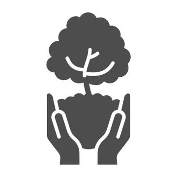 Tree in open hands with handful of soil solid icon, ecological concept, caring 库存插图