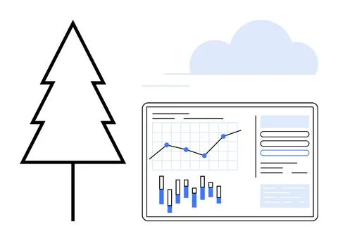 Tree outline beside data analytics dashboard displaying graphs and charts wit Illustrazione stock