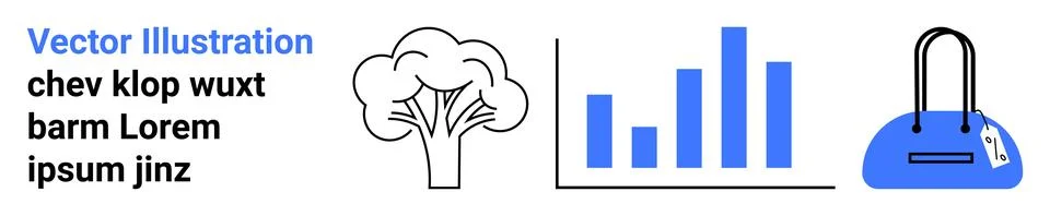 Tree outline, blue bar chart, blue handbag, and placeholder text. Ideal for w Stock Illustration
