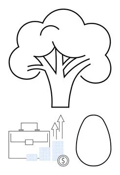 Tree outline, briefcase, upward arrows, dollar coin, graph lines, and an egg  Stock Illustration