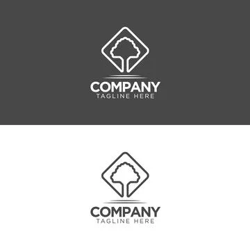 Tree Outline Diamond Square Line Art Logo in Monochrome with Two Color Stock Illustration