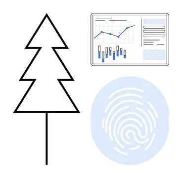 Tree outline next to a screen displaying digital analytics and a fingerprint  Stock Illustration