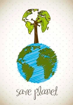 Tree over planet drawing, save planet. vector illustration Stock Illustration