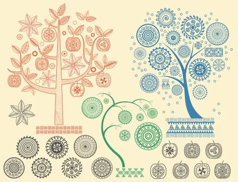 The tree patterns with the different elements vector illustration. Aztecs Mayan イラスト素材