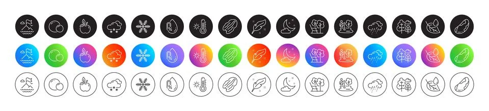 Tree, Peas and Snowflake line icons. For web app, printing. Round icon buttons Stock Illustration