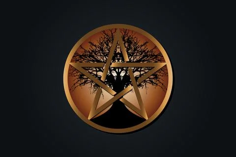 Tree Pentacle, tree of life and Wicca pentagram. Sacred geometry. Gold Logo Stock Illustration