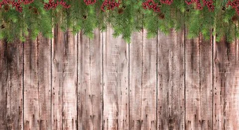 Tree, pine cones and red berries on blurred wooden background. Stock-Fotos