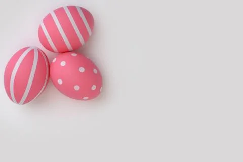 Tree Pink decorated Easter eggs on white background. Copy space. Stock Photos