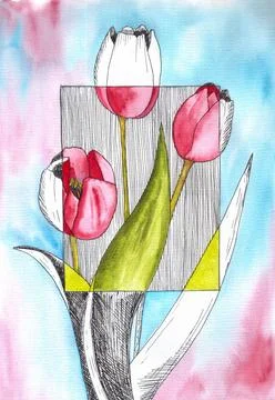 Tree pink tulips on blue background, watercolor and ink pen, hand drawn Stock Illustration