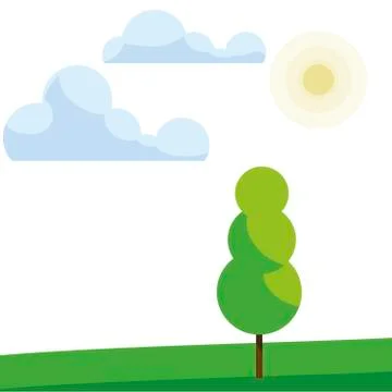 Tree plant in the field with clouds and sun Illustrazione stock