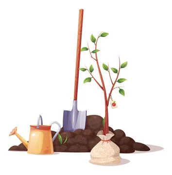 Tree Planting Set with Sapling, Shovel, Watering Can and Soil Pile. Flat Ve.. Stock Illustration