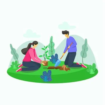 Tree planting vector illustration concept, Couple tree planting Stock Illustration