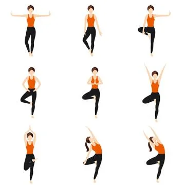 Tree pose variations yoga asanas set Stock Illustration