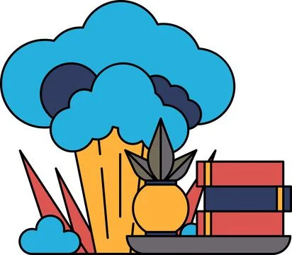 A tree with a pot of flowers and a stack of books Stock Illustration