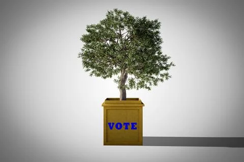 Tree in a pot in the shape voting box demonstrating Environmental election co Stock Illustration