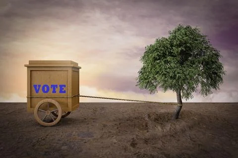 A tree pulls a ballot box with a rope demonstrating Environmental election co Illustrazione stock
