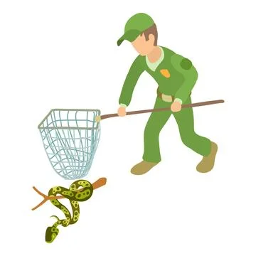 Tree python icon isometric vector. Man in uniform with landing net near python Illustrazione stock